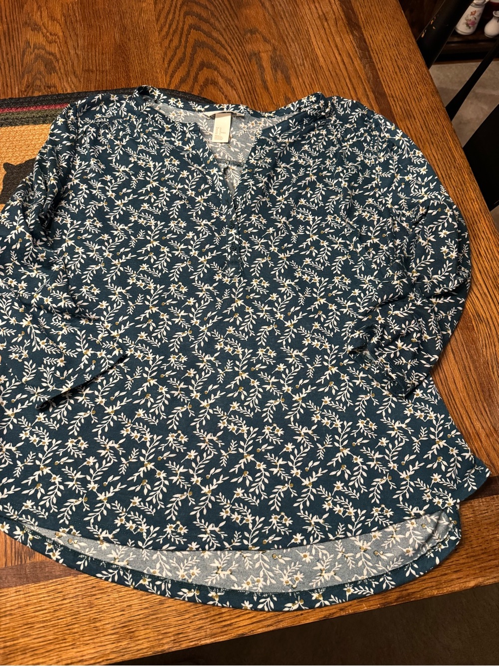 H&M Deep Teal Floral-Print Long Sleeve Blouse